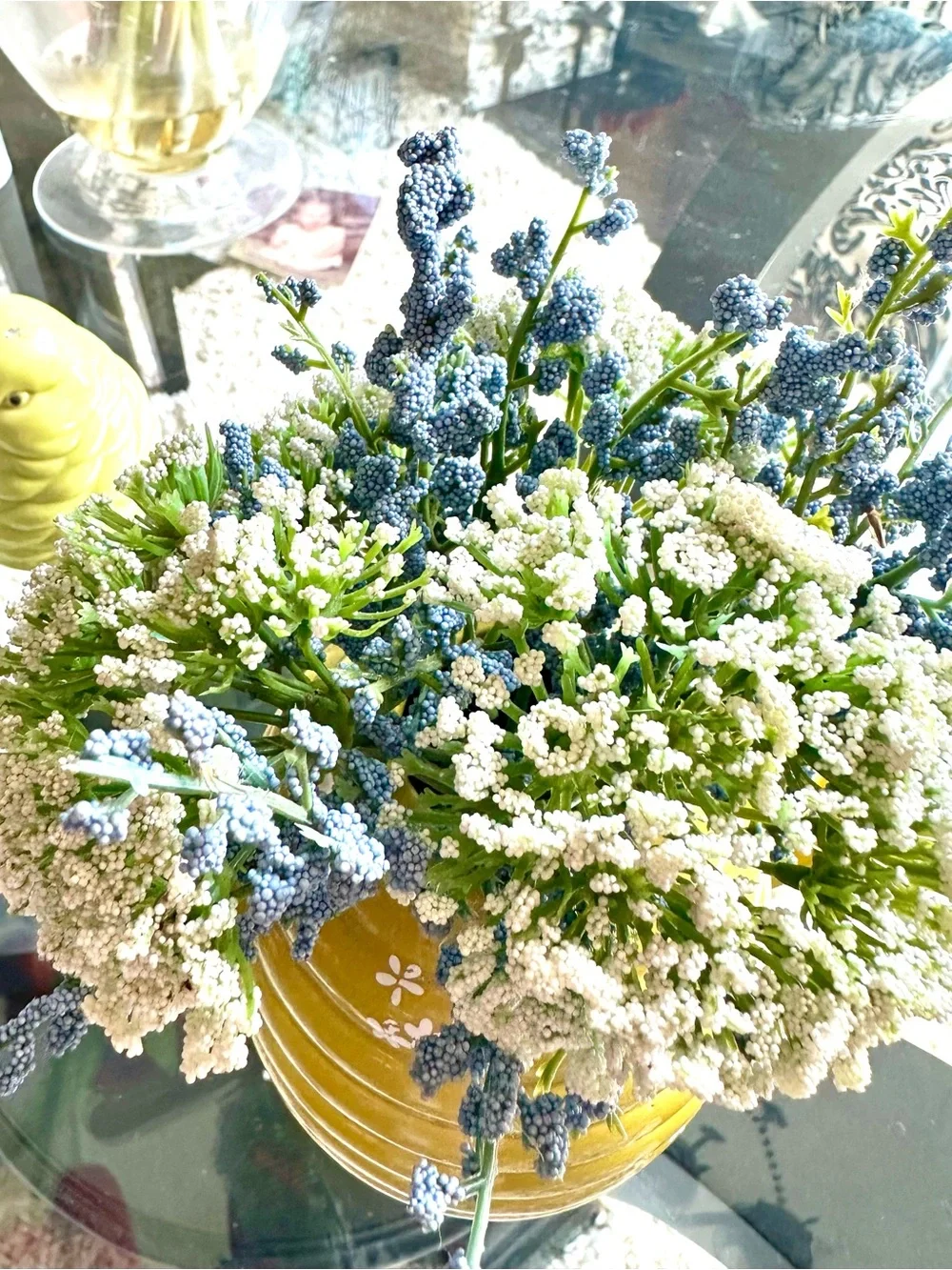 Yellow Ceramic Bee Hive Watering Can Vase with Blue & White Floral Accents 10x10
